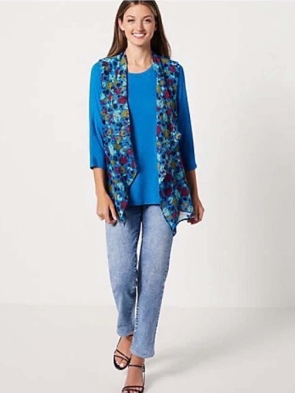 Logo by Lori Goldstein Blue Floral Sheer Vest